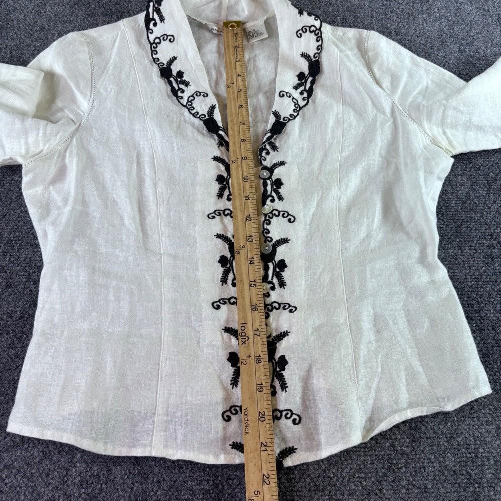 Richard Malcolm Linen Blouse Womens Small White Black Embroidered Floral Boho
